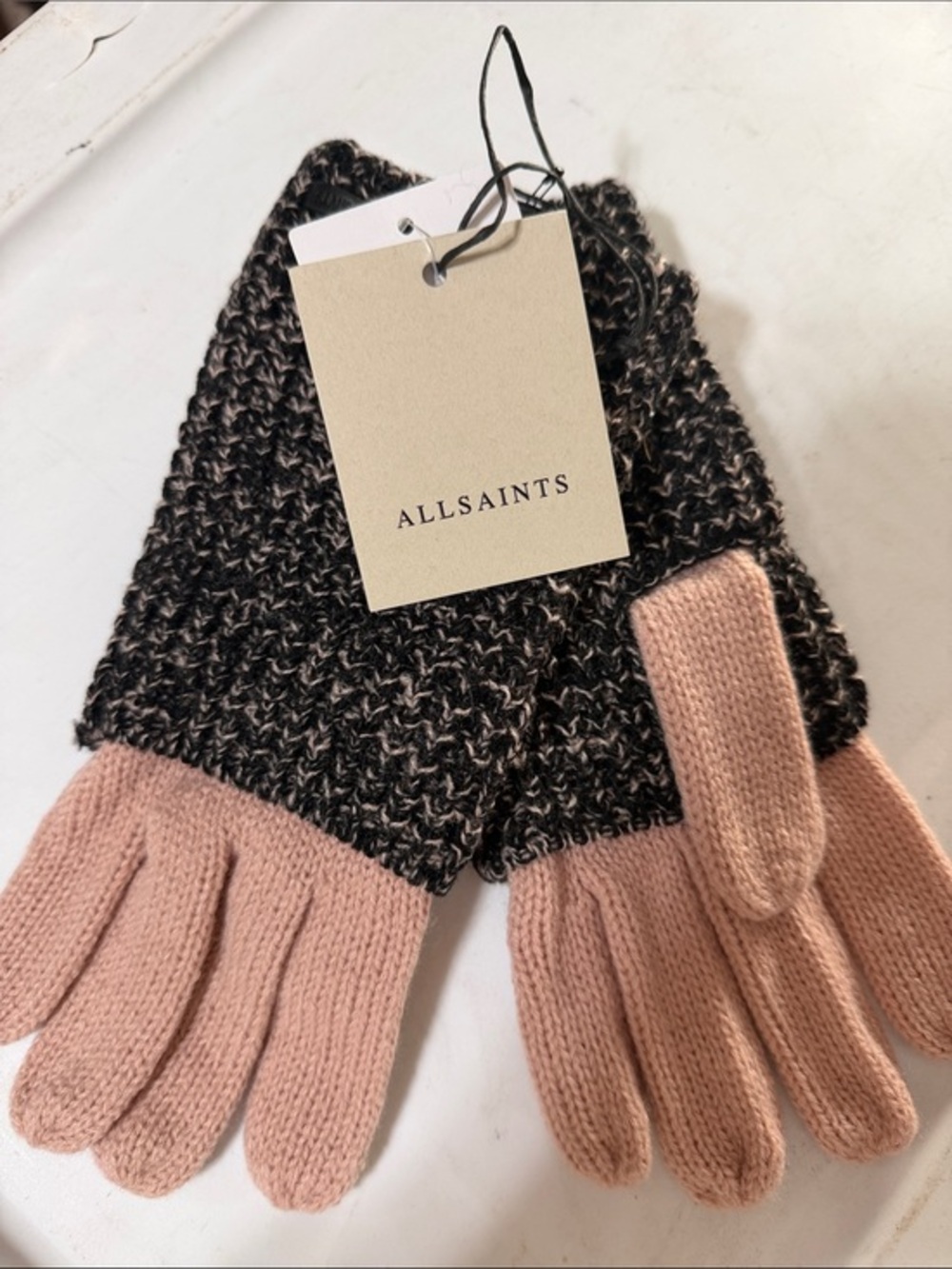 AllSaints Two-Tone Black & Blush Knit Gloves